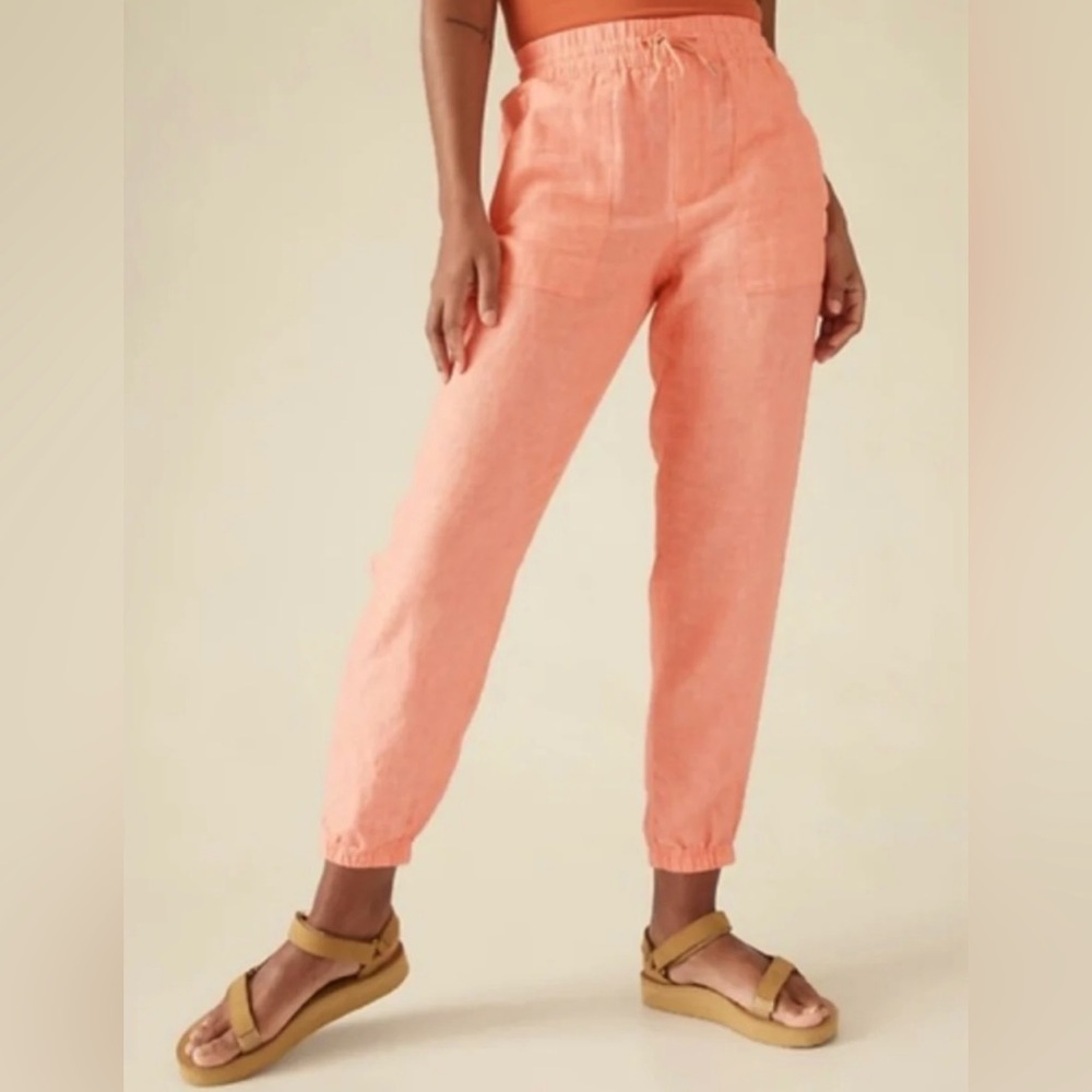 Athleta Retreat Linen Jogger Pants size 12 in Coral Drawstring Waist